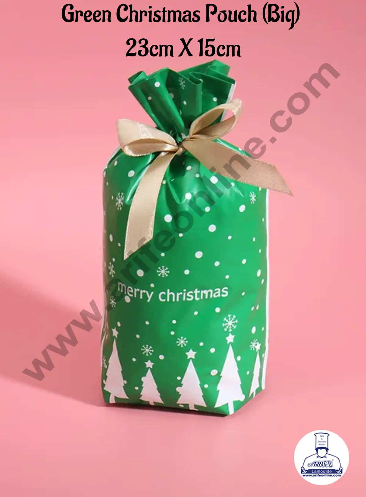 Cake Decor β’ Big Green White Color Christmas Theme Cookie pouch Plastic Drawstring Bag Treat With Ribbon | Design - 01 | Pack of 10 | (23cm X 15cm)