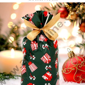 Cake Decor ™  Big Green White Color Christmas Theme Cookie pouch Plastic Drawstring Bag Treat With Ribbon | Design - 02  | Pack of 10 | (23cm X 15cm)