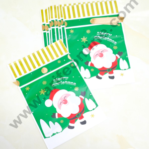 Cake Decor ™  Big Green White Color Christmas Theme Cookie pouch Plastic Drawstring Bag Treat With Ribbon | Design - 03  | Pack of 10 | (23cm X 15cm)