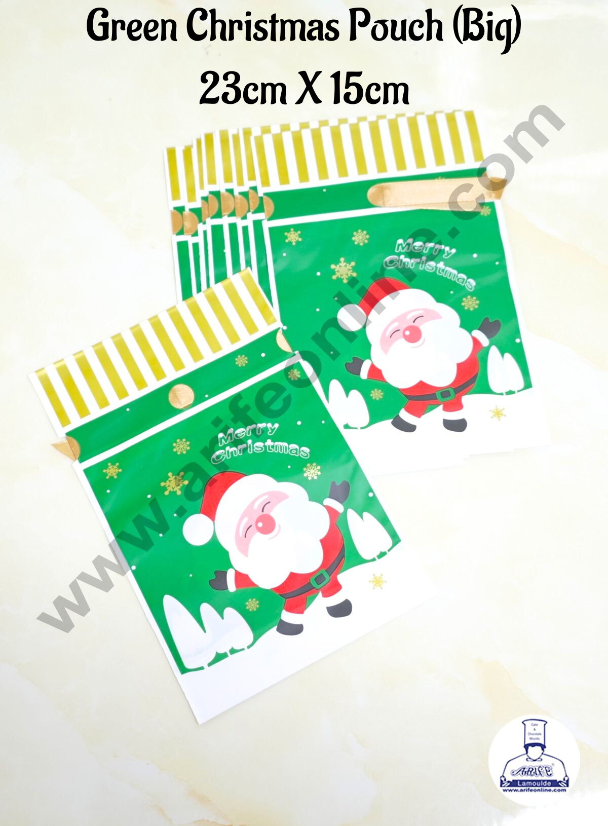 Cake Decor ™ Big Green White Color Christmas Theme Cookie pouch Plastic Drawstring Bag Treat With Ribbon | Design - 03 | Pack of 10 | (23cm X 15cm)