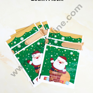 Cake Decor ™  Big Green White Color Christmas Theme Cookie pouch Plastic Drawstring Bag Treat With Ribbon | Design - 11 | Pack of 10 | (23cm X 15cm)