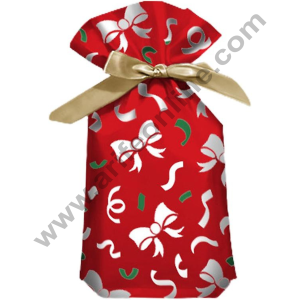 Cake Decor ™ Big Red Color Christmas Theme Cookie pouch Plastic Drawstring Bag Treat With Ribbon | Design - 15 | Pack of 10 | (23cm X 15cm)