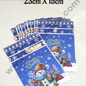 Cake Decor ™ Big Blue Color Christmas Theme Cookie pouch Plastic Drawstring Bag Treat With Ribbon | Design - 02 | Pack of 10 | (23cm X 15cm)