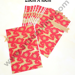 Cake Decor ™ Big Red Color Christmas Theme Cookie pouch Plastic Drawstring Bag Treat With Ribbon | Design - 03 | Pack of 10 | (23cm X 15cm)