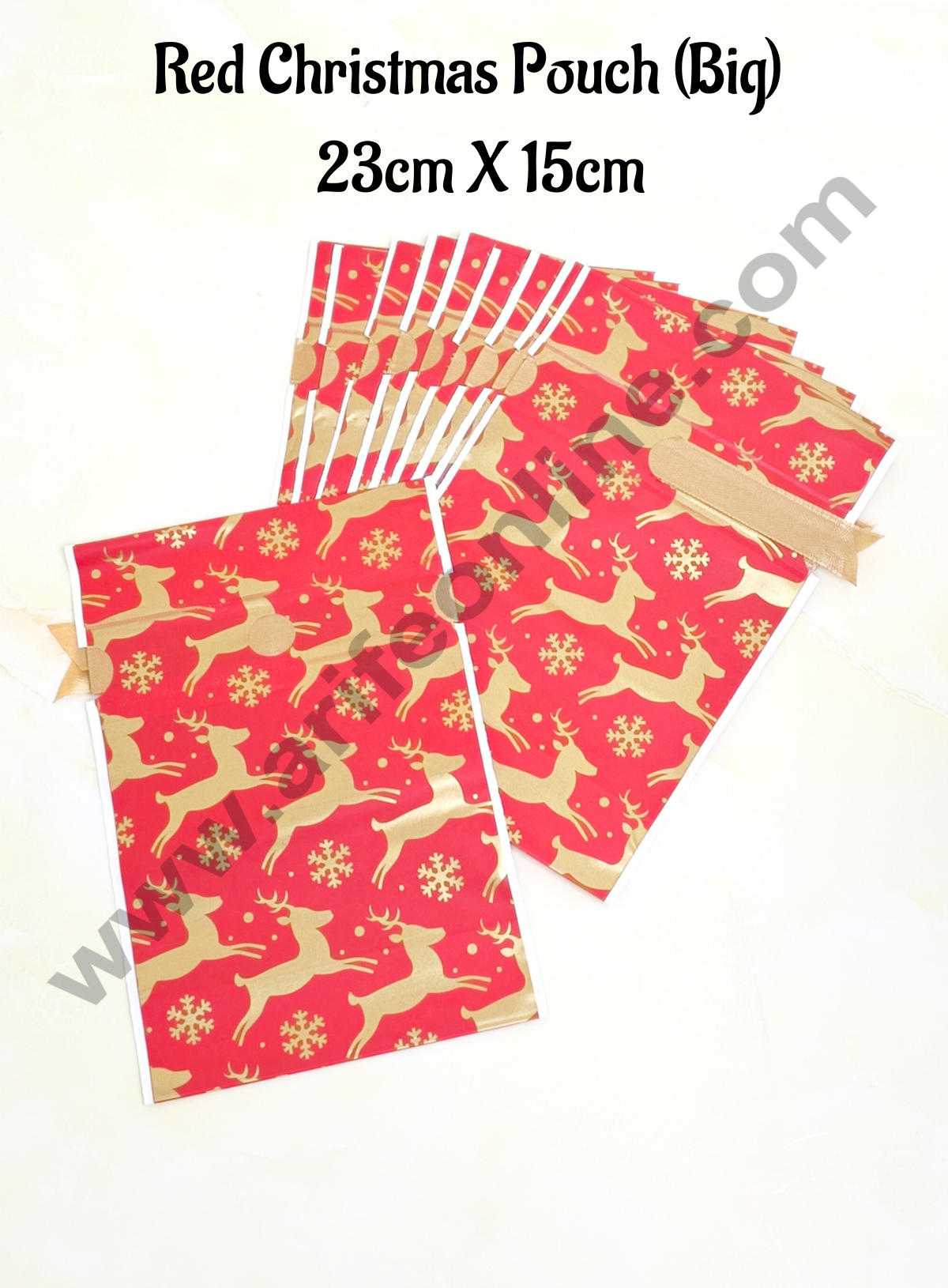 Cake Decor β’ Big Red Color Christmas Theme Cookie pouch Plastic Drawstring Bag Treat With Ribbon | Design - 03 | Pack of 10 | (23cm X 15cm)