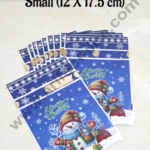 Cake Decor ™ Small Blue Color Christmas Theme Cookie pouch Plastic Drawstring Bag Treat With Ribbon | Design - 01 | Pack of 10 | (12cm X 17.5cm)