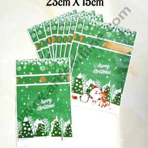 Cake Decor ™  Big Green White Color Christmas Theme Cookie pouch Plastic Drawstring Bag Treat With Ribbon | Design - 13 | Pack of 10 | (23cm X 15cm)