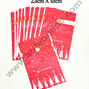 Cake Decor ™ Big Red Color Christmas Theme Cookie pouch Plastic Drawstring Bag Treat With Ribbon | Design - 04 | Pack of 10 | (23cm X 15cm)