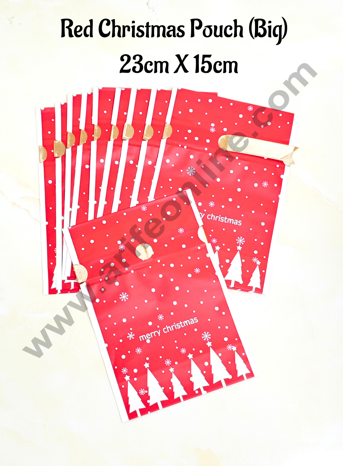 Cake Decor β’ Big Red Color Christmas Theme Cookie pouch Plastic Drawstring Bag Treat With Ribbon | Design - 04 | Pack of 10 | (23cm X 15cm)