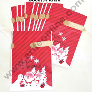 Cake Decor ™ Big Red Color Christmas Theme Cookie pouch Plastic Drawstring Bag Treat With Ribbon | Design - 05 | Pack of 10 | (23cm X 15cm)
