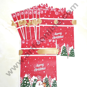 Cake Decor ™ Big Red Color Christmas Theme Cookie pouch Plastic Drawstring Bag Treat With Ribbon | Design - 06 | Pack of 10 | (23cm X 15cm)