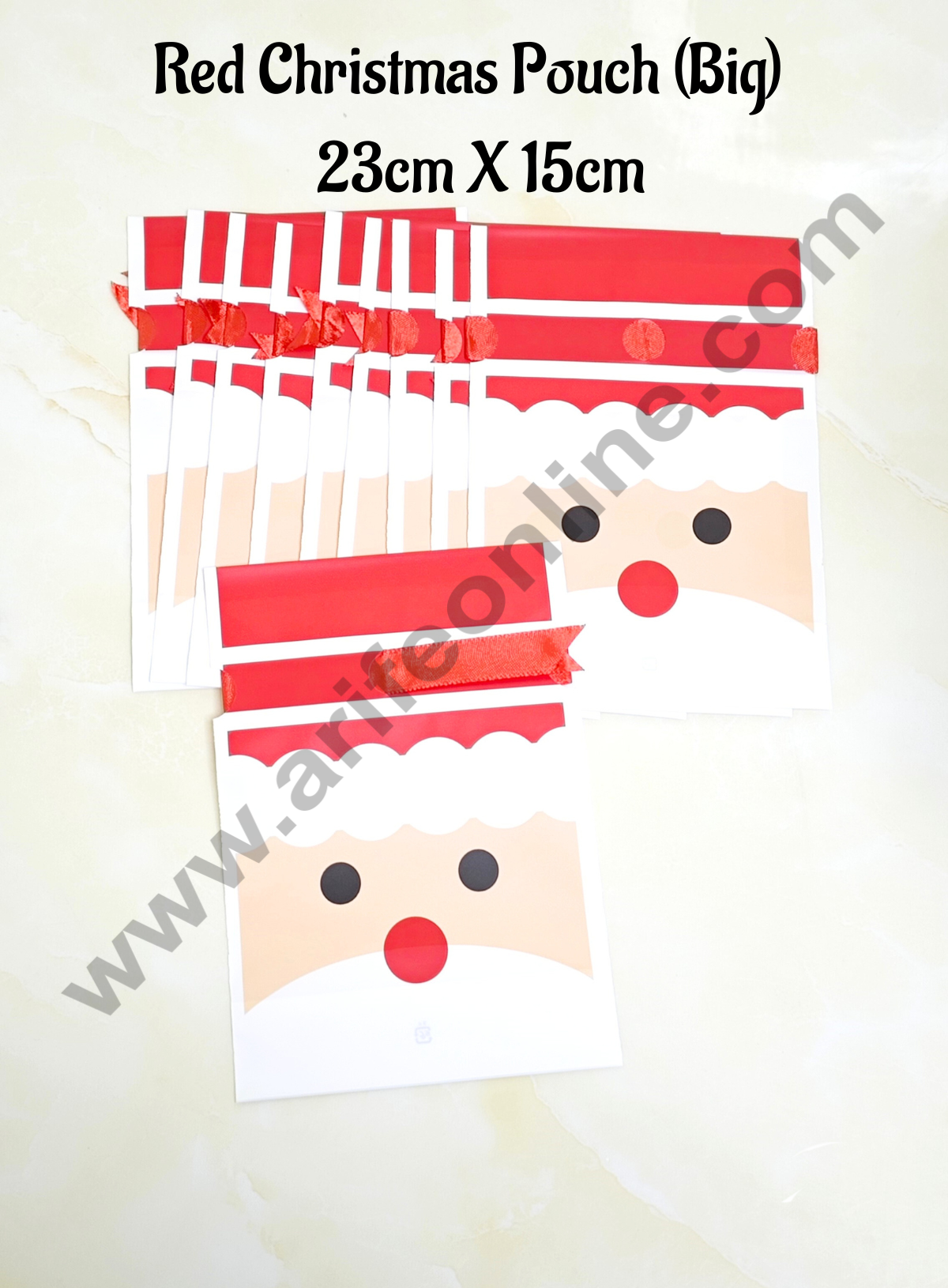 Cake Decor β’ Big Red Color Christmas Theme Cookie pouch Plastic Drawstring Bag Treat With Ribbon | Design - 07 | Pack of 10 | (23cm X 15cm)