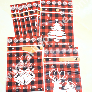 Cake Decor ™ Big Red Color Christmas Theme Cookie pouch Plastic Drawstring Bag Treat With Ribbon | Design - 08 | Pack of 10 | (23cm X 15cm)