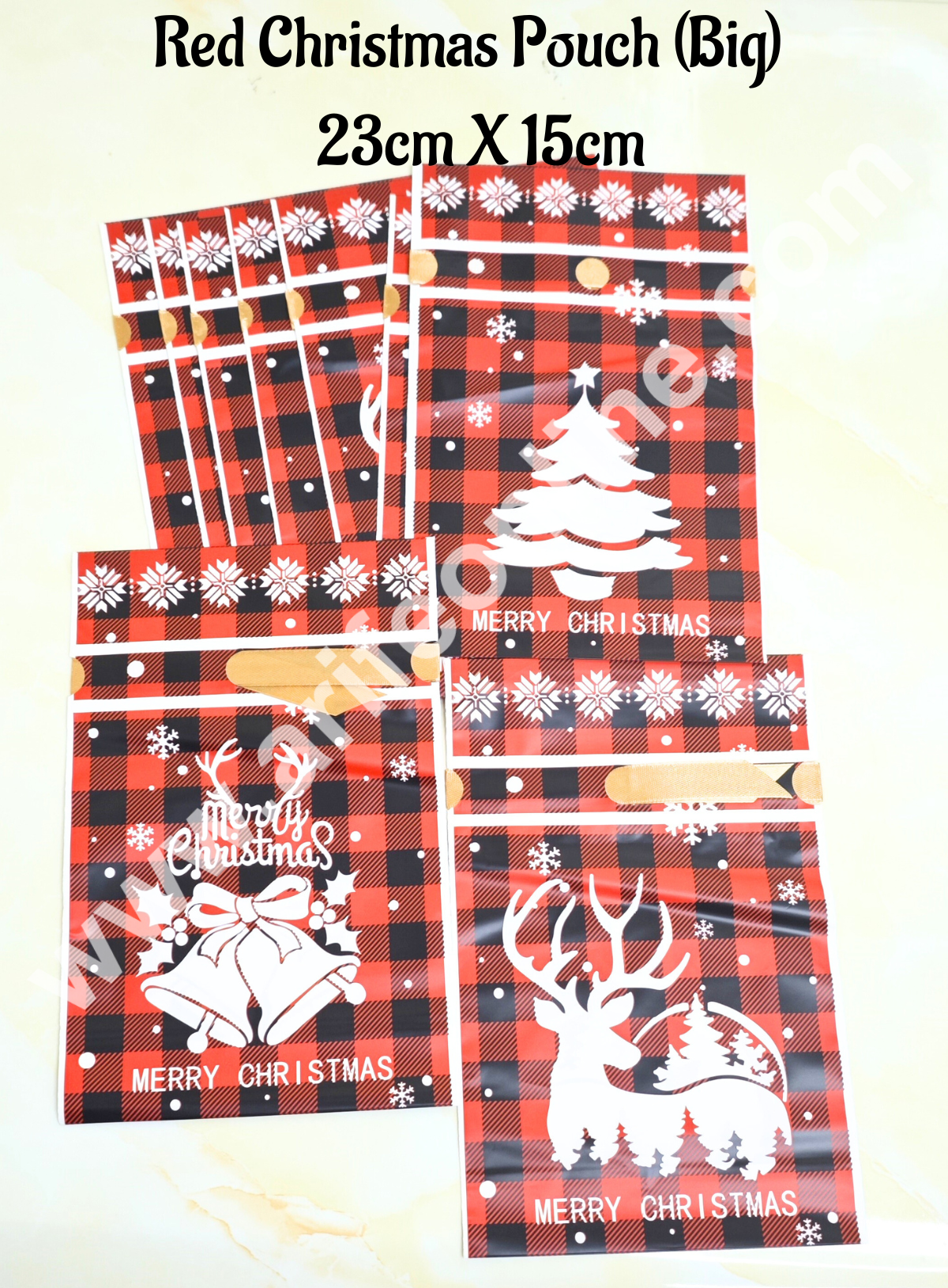 Cake Decor β’ Big Red Color Christmas Theme Cookie pouch Plastic Drawstring Bag Treat With Ribbon | Design - 08 | Pack of 10 | (23cm X 15cm)