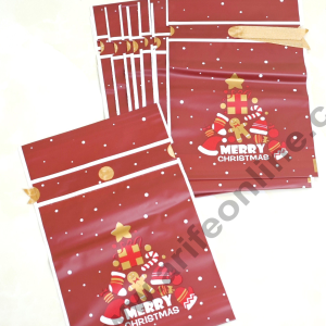 Cake Decor ™ Big Red Color Christmas Theme Cookie pouch Plastic Drawstring Bag Treat With Ribbon | Design - 09 | Pack of 10 | (23cm X 15cm)