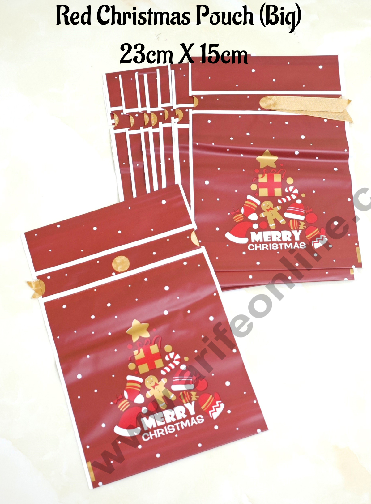 Cake Decor β’ Big Red Color Christmas Theme Cookie pouch Plastic Drawstring Bag Treat With Ribbon | Design - 09 | Pack of 10 | (23cm X 15cm)