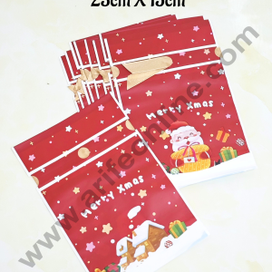 Cake Decor ™ Big Red Color Christmas Theme Cookie pouch Plastic Drawstring Bag Treat With Ribbon | Design - 10 | Pack of 10 | (23cm X 15cm)