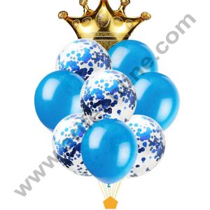 Cake Decor Golden Crown Shape Foil Balloons , Blue Balloons with Blue Colored Pre-filled Confetti Balloons ( Pack of 10 Pcs )