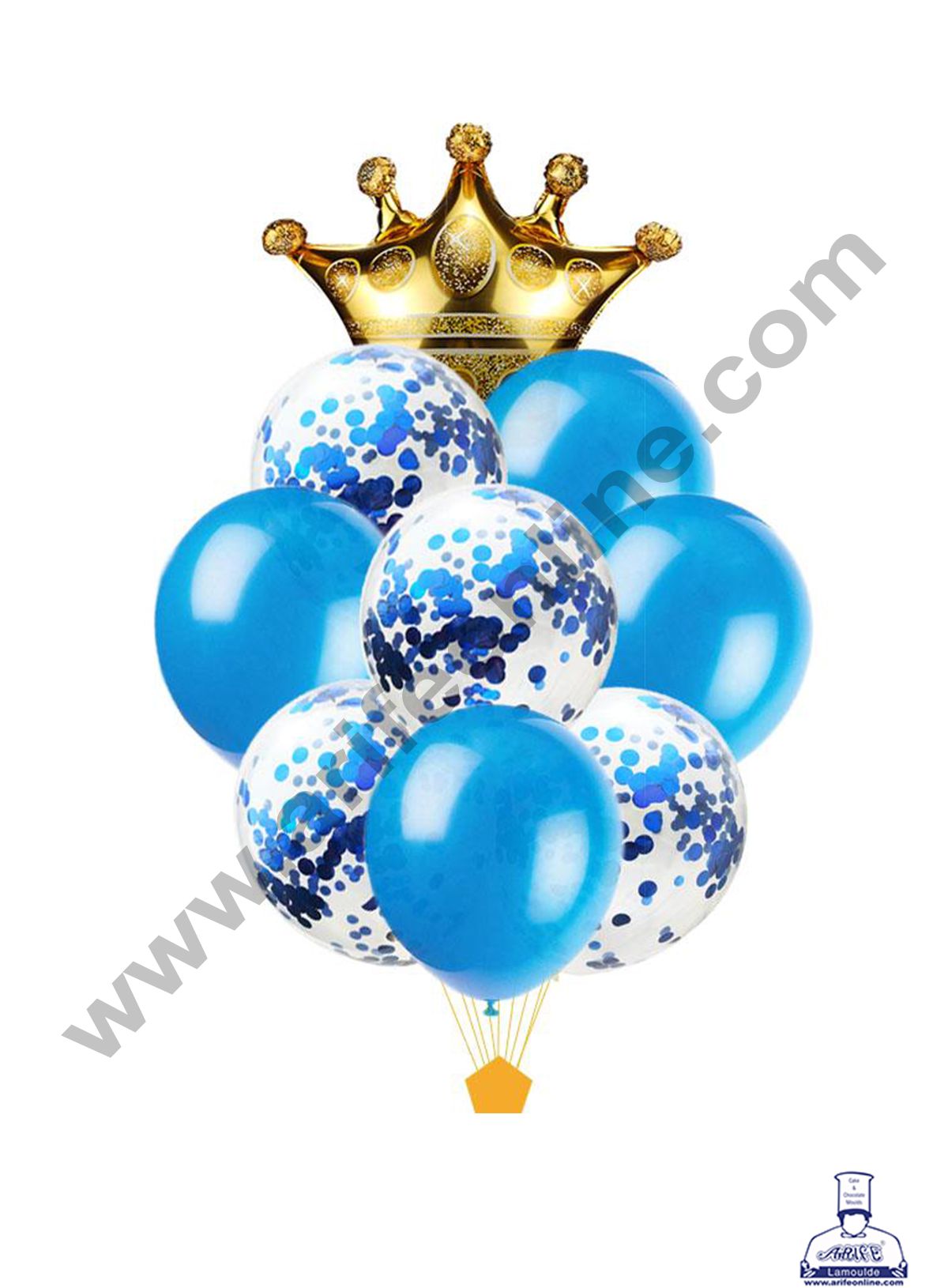 Cake Decor Golden Crown Shape Foil Balloons , Blue Balloons with Blue Colored Pre-filled Confetti Balloons ( Pack of 10 Pcs )