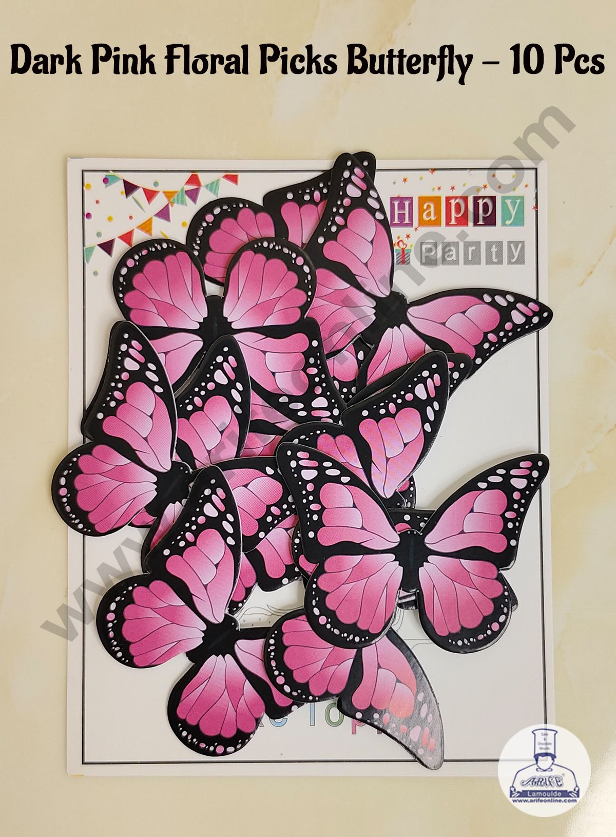 CAKE DECORβ’ 10 Pcs Dark Pink Floral Picks Butterfly With Black Outlines Paper Topper For Cake And Cupcake