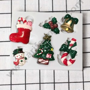 CAKE DECORβ’ Silicon 6 Cavity Christmas Theme XMas Tree, Snowman, Bells, Candy Cane, Leaf Silicon Chocolate Mould Jelly Mould SBCM-DYF7213