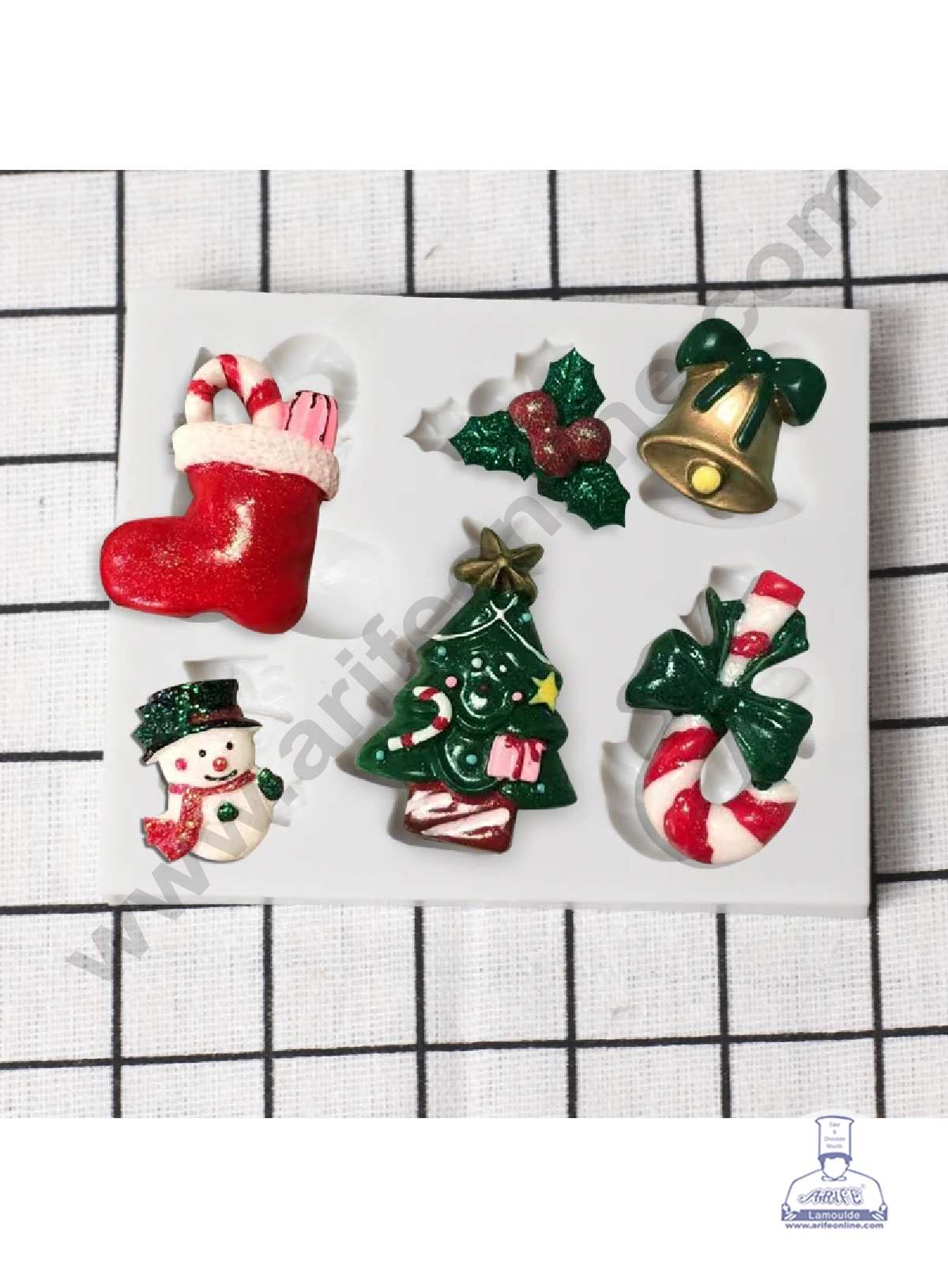 CAKE DECORβ’ Silicon 6 Cavity Christmas Theme XMas Tree, Snowman, Bells, Candy Cane, Leaf Silicon Chocolate Mould Jelly Mould SBCM-DYF7213
