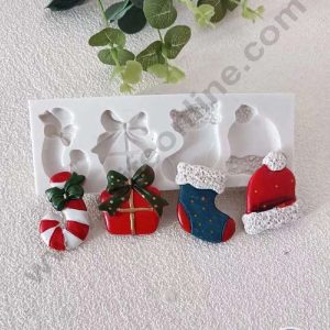 CAKE DECORβ’ Silicon 4 Cavity Christmas Design Candy Cane, Gift, Sock & Cap Silicone Fondant Mould Marzipan Mould SBSP-DYF7265