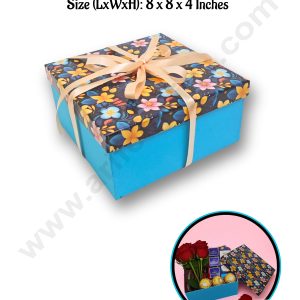 Dark Blue Floral Hard Hamper Box With Ribbon Top Bottom Box | Gift Box | Present Box - 1 Pc - CAKE DECORβ’