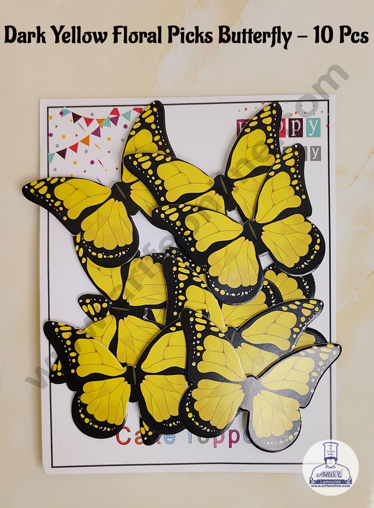 CAKE DECOR™ 10 Pcs Dark Yellow Floral Picks Butterfly With Black Outlines Paper Topper For Cake And Cupcake
