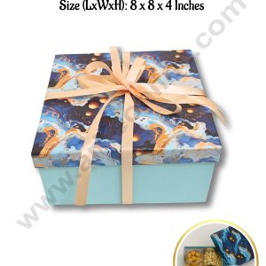 Sky Blue Marble Hard Hamper Box With Ribbon Top Bottom Box | Gift Box | Present Box - 1 Pc - CAKE DECOR™