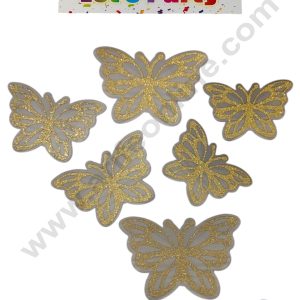 CAKE DECOR™ 6 Pcs Let's Party Grey Gold Glittery Butterfly Paper Topper For Cake And Cupcake