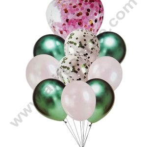 Cake Decor™ Green White Balloons wit Heart Round Confetti Balloons Set ( Pack of 10 Pcs )