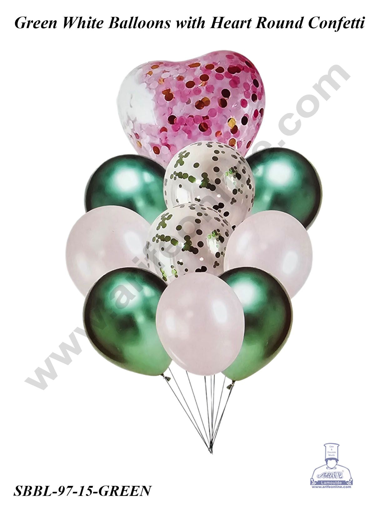 Cake Decorβ’ Green White Balloons wit Heart Round Confetti Balloons Set ( Pack of 10 Pcs )