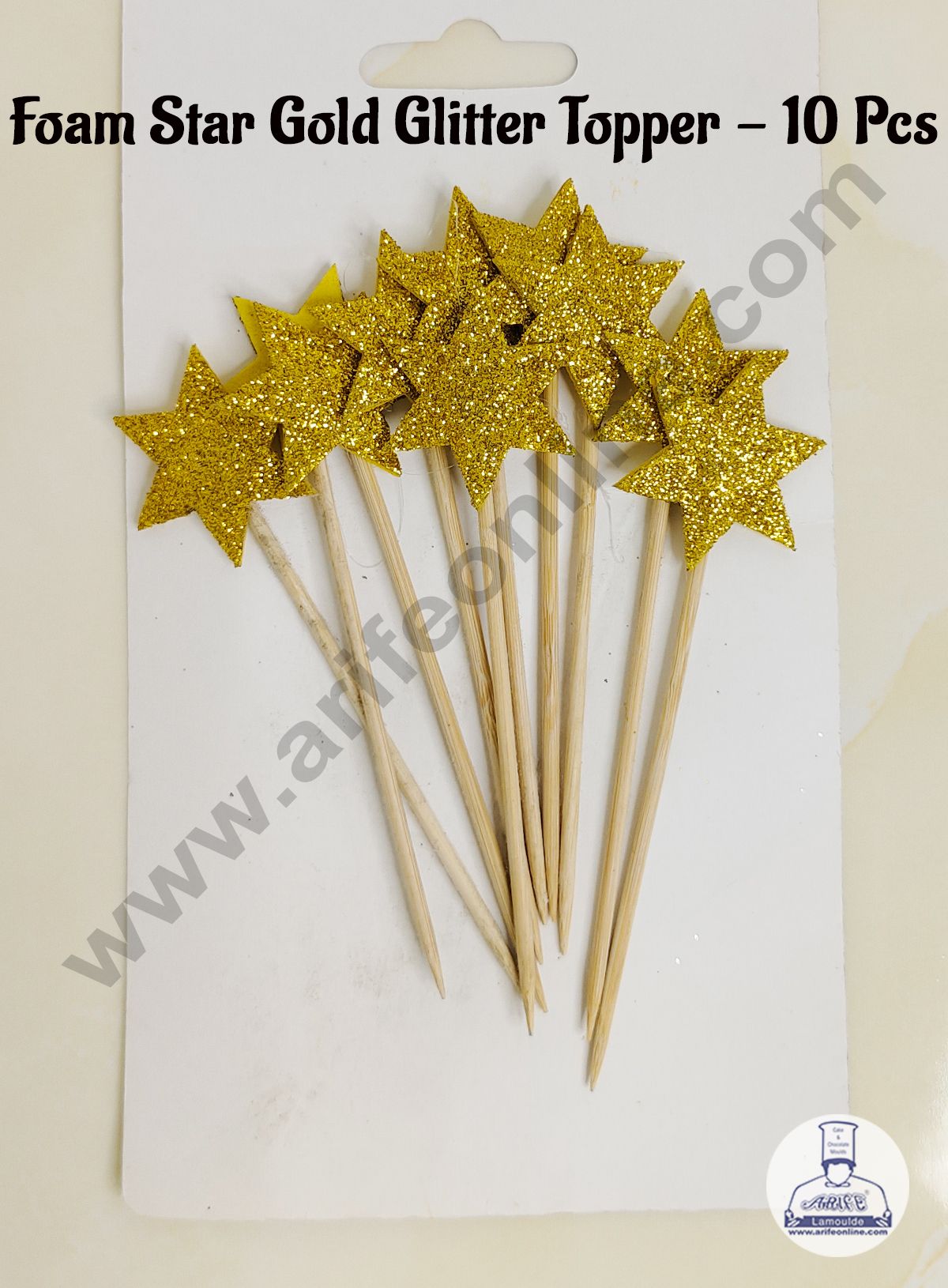 CAKE DECOR™ 10 Pcs Foam Star Gold Glitter Topper For Cake And Cupcake Decoration
