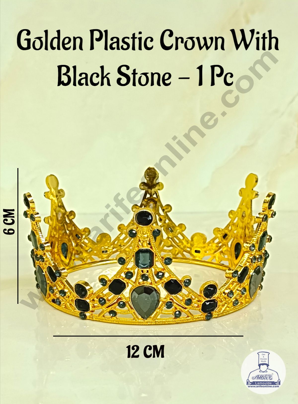 CAKE DECORβ’ Golden Plastic Crown With Black Stone Topper For Cake And Cupcake Decorations - Gold