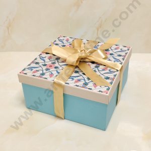 CAKE DECOR™ Floral Cyan Hard Hamper Box With Ribbon Top Bottom Box | Gift Box | Present Box - 1 Pc