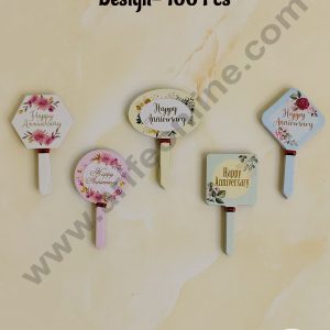 CAKE DECOR™ 100 pcs Happy Anniversary Paper Tag with Floral Assorted Design Paper Topper For Cake And Cupcake
