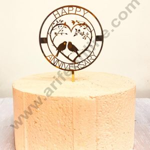 CAKE DECOR™ 5 inch Golden Acrylic Happy Anniversary with Sparrow & leaf Cutout in Round & Heart Frame Cake Topper Cake Decoration ( SBMT-1229 )