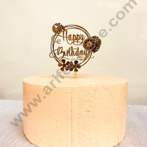 CAKE DECOR™ 5 inch Golden Acrylic Happy Birthday with Flower Cutout in Round Frame Cake Topper Cake Decoration ( SBMT-1230 )