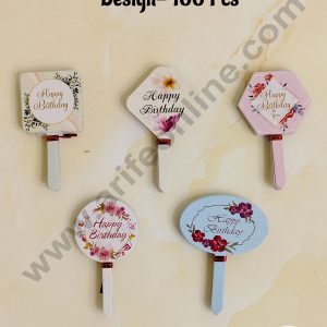 CAKE DECOR™ 100 pcs Happy Birthady Paper Tag with Floral Assorted Design Paper Topper For Cake And Cupcake
