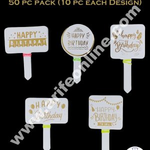 Cake Decor 50 pcs White Golden Happy Birthday Mix Designs Paper Topper For Cake And Cupcake