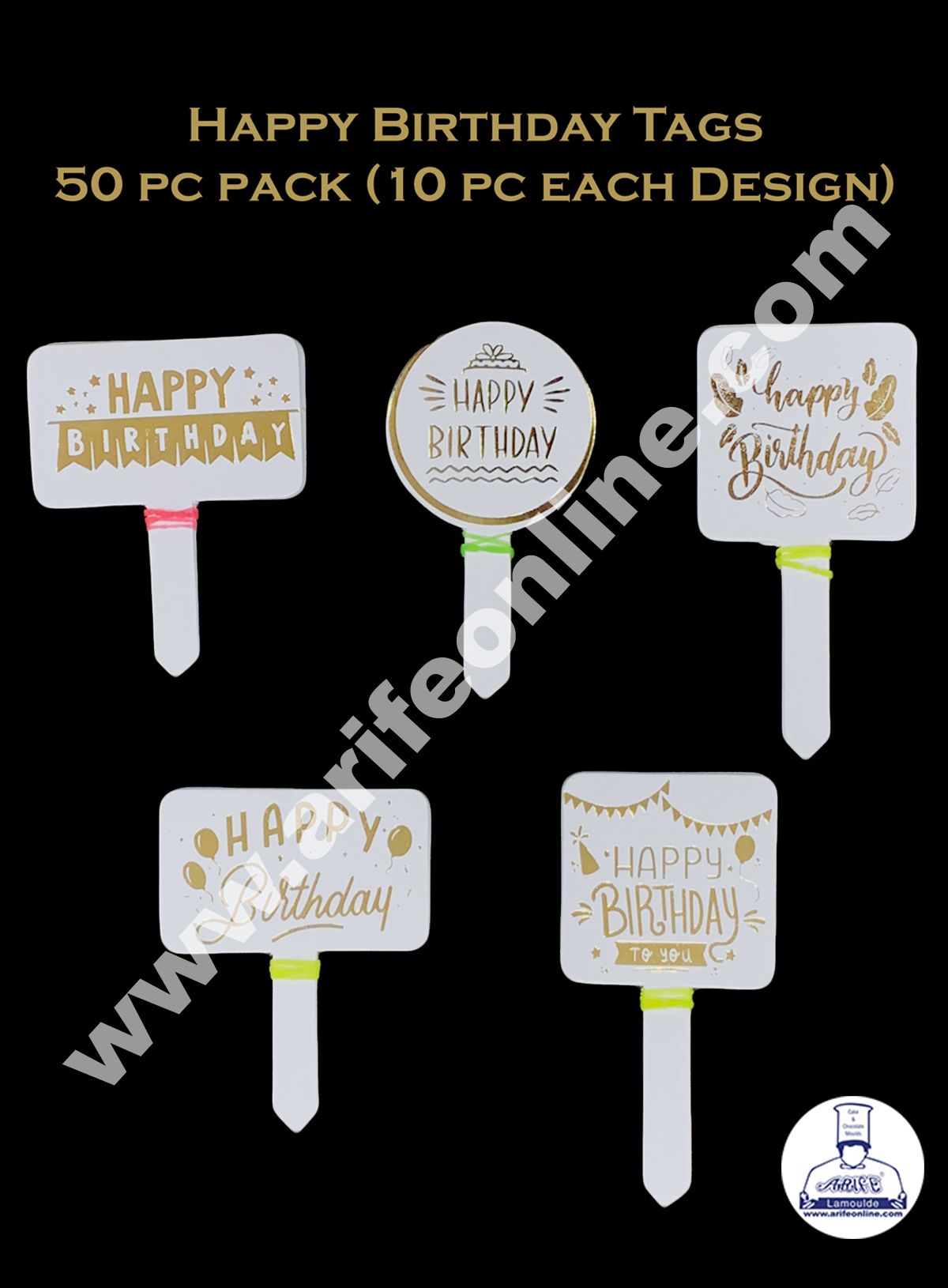 Cake Decor 50 pcs White Golden Happy Birthday Mix Designs Paper Topper For Cake And Cupcake