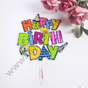 Cake Decor Imported Mirror Acrylic Cake and Cupcake Topper - Golden Colorful Happy Birthday Topper With Cap And Cupcake (SBMT-5051)