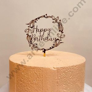 CAKE DECOR™ 5 inch Acrylic Happy Birthday in Flower With Leaf Cutout in Round Frame Cake Topper Cake Decoration (SBMT-1214)