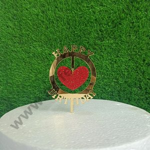 CAKE DECOR™ 5 inch Acrylic Happy Birthday Round Frame with Hanging Red Glitter Heart Cake Topper Cake Decoration Dessert Decoration (SBMT-G-4033)