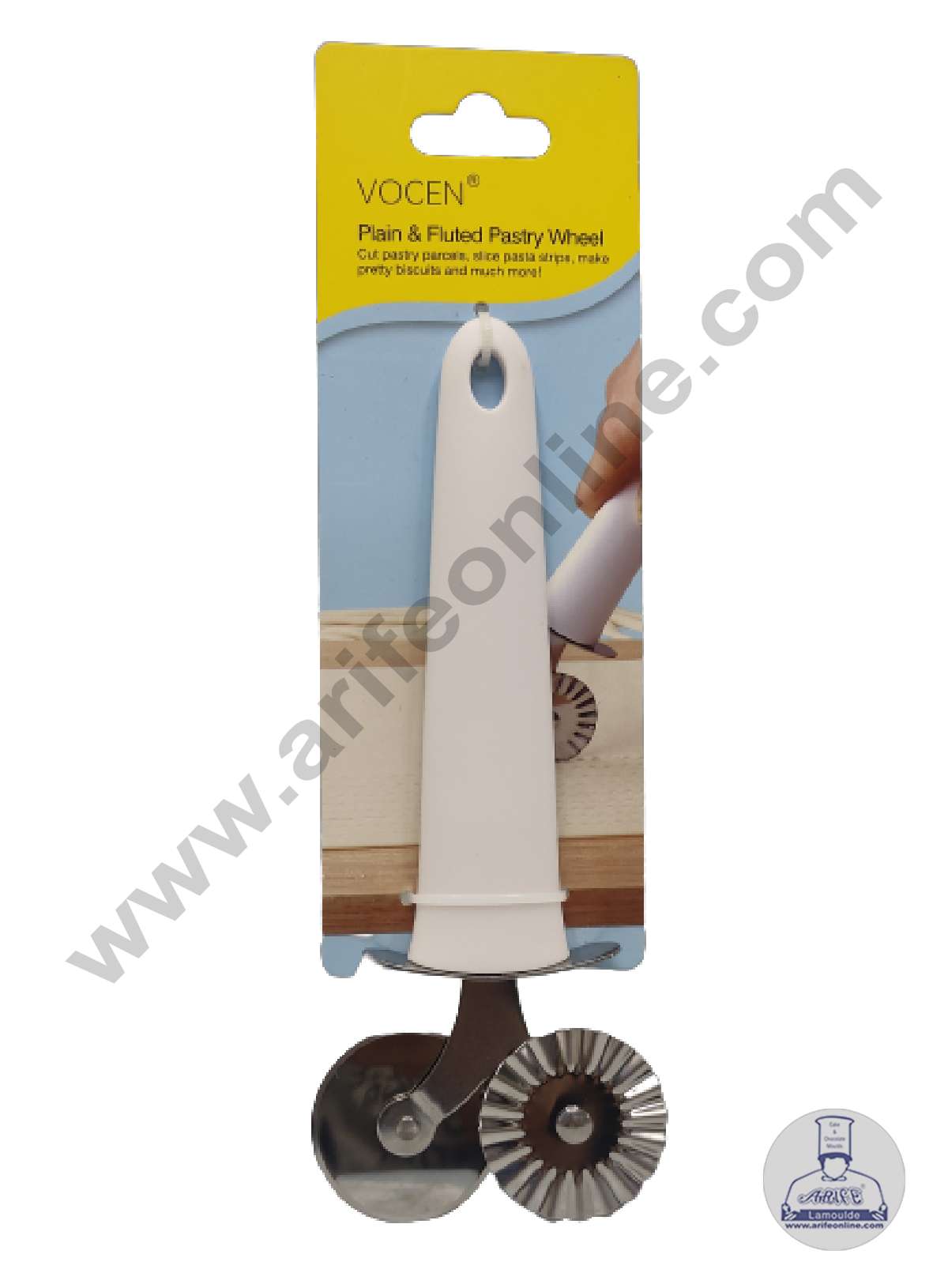 CAKE DECORβ’ 1 Pcs 2-in-1 Stainless Steel Pizza Cutter with Pastry Crimper with White Handle ( 4 cm Wheel )