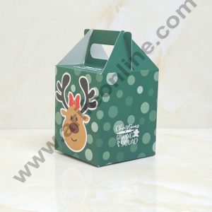 CAKE DECOR™ Fancy Merry Christmas Print Box with Reindeer Gift Box With Handle  | Candy Box | Cookies Box | Sweet Treats Box - Green (10 Pcs Pack) (SBBX-XMAS-02)