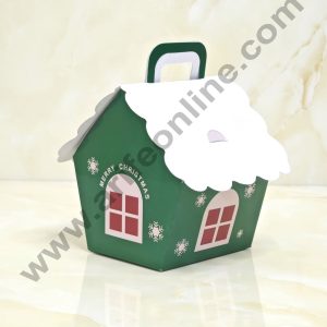 CAKE DECOR™ Fancy Small Merry Christmas Print Box Small House Shape Gift Box | Candy Box | Cookies Box | Sweet Treats Box - Green (10 Pcs Pack) (SBBX-XMAS-10)