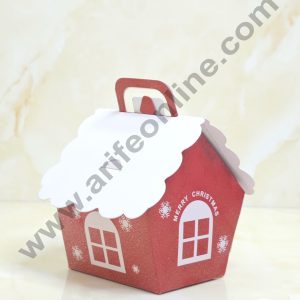 CAKE DECOR™ Fancy Small Merry Christmas Print Box Small House Shape Gift Box | Candy Box | Cookies Box | Sweet Treats Box - Red (10 Pcs Pack) (SBBX-XMAS-09)