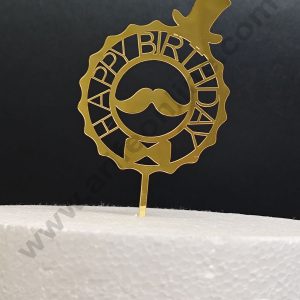 Gold Acrylic Finishing Cake Topper Happy Birthday Mustache Hat Cake Topper - Cake Decor